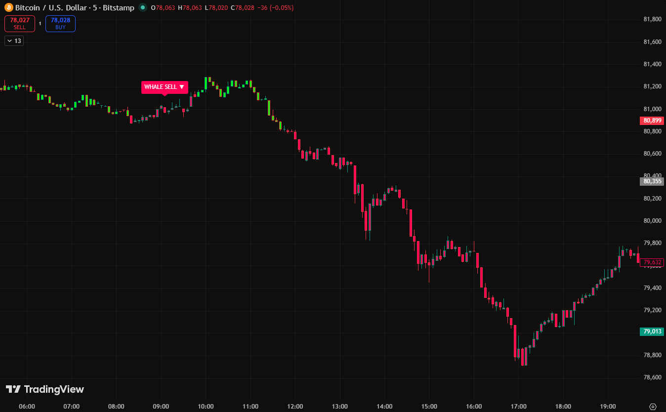 Whale Tracker indicator showing WHALE SELL signal on BTC chart